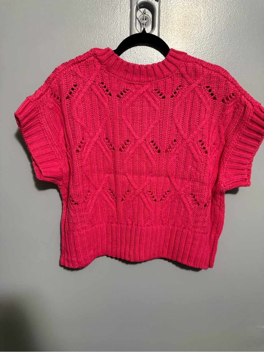 Zenana Hot Pink Open Knit Short Sleeve Sweater Top - Picture 3 of 5